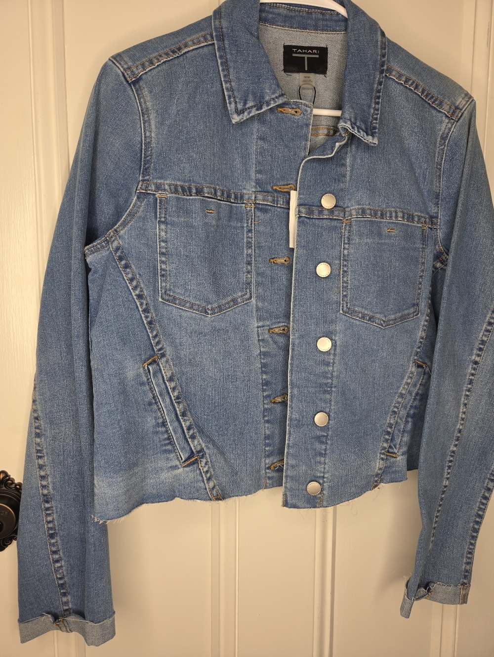 Tahari Medium Blue Denim Button-Front Raw Hem Jean Jacket